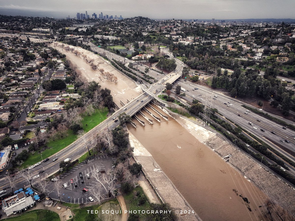 Drone view of the LA River muddy with rain run-off earlier today in Atwater Village. #larain #lariver #rain #weather #losangeles
