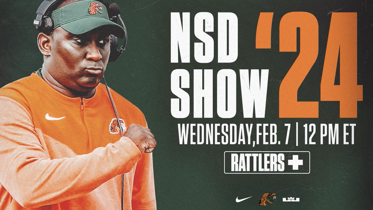 Rattler Nation,

Tune in tomorrow afternoon for our NSD '24 Show with <a href="/CoachColzie/">James Colzie III</a>.

📅 2/7
⌚️ 12 PM ET
📺 famuathletics.com/rattlersplus

#FAMU | #Rattlers | #RELOAD | #REPEAT