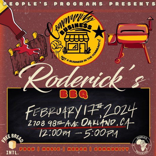 Our first community business initiative will be with at Roderick's BBQ in East Oakland in collab with @FREEBREADINTL. Roderick’s was one of the first businesses to give us free food to distribute to the houseless over 6 years ago. This is a full circle moment for us! Pull up!