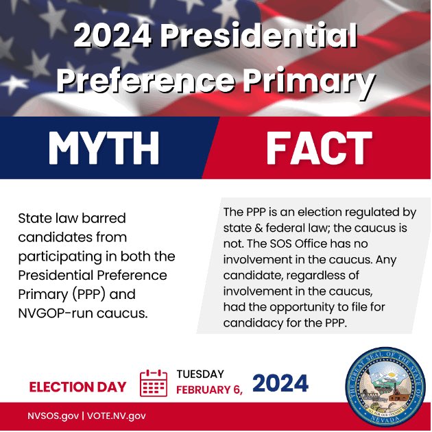 MYTH: State law barred candidates from participating in both the Presidential Preference Primary (PPP) & NVGOP caucus. FACT: The PPP is an election regulated by state & federal law; the caucus is not. Any candidate had the opportunity to file for candidacy for the PPP.