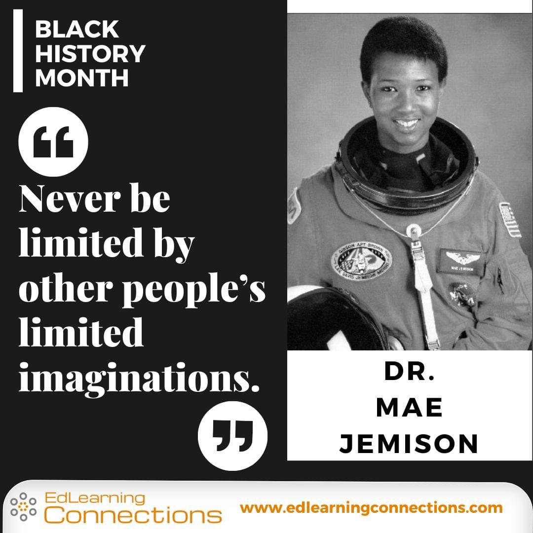 EdLearningC's tweet photo. We honor Black History Month and the legacy of amazing pioneers such as Dr. Mae Jemison, the first African-American female astronaut.

#teachers #educators #schoollife #BlackHistoryMonth https://t.co/b4PipEfCdg