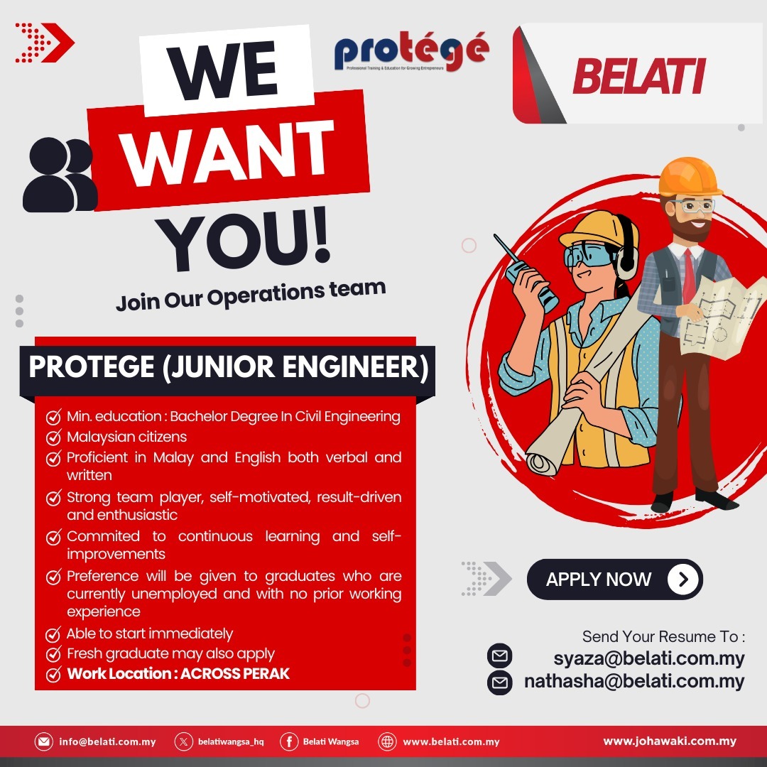𝐉𝐎𝐁 𝐎𝐏𝐏𝐎𝐑𝐓𝐔𝐍𝐈𝐓𝐘 Attention aspiring engineers and seasoned site supervisors! Belati Wangsa (M) Sdn Bhd is on the lookout for top talent to join our team in Perak. Come be a part of our dynamic team and take your career to new heights! #Johawaki #BelatiWangsa