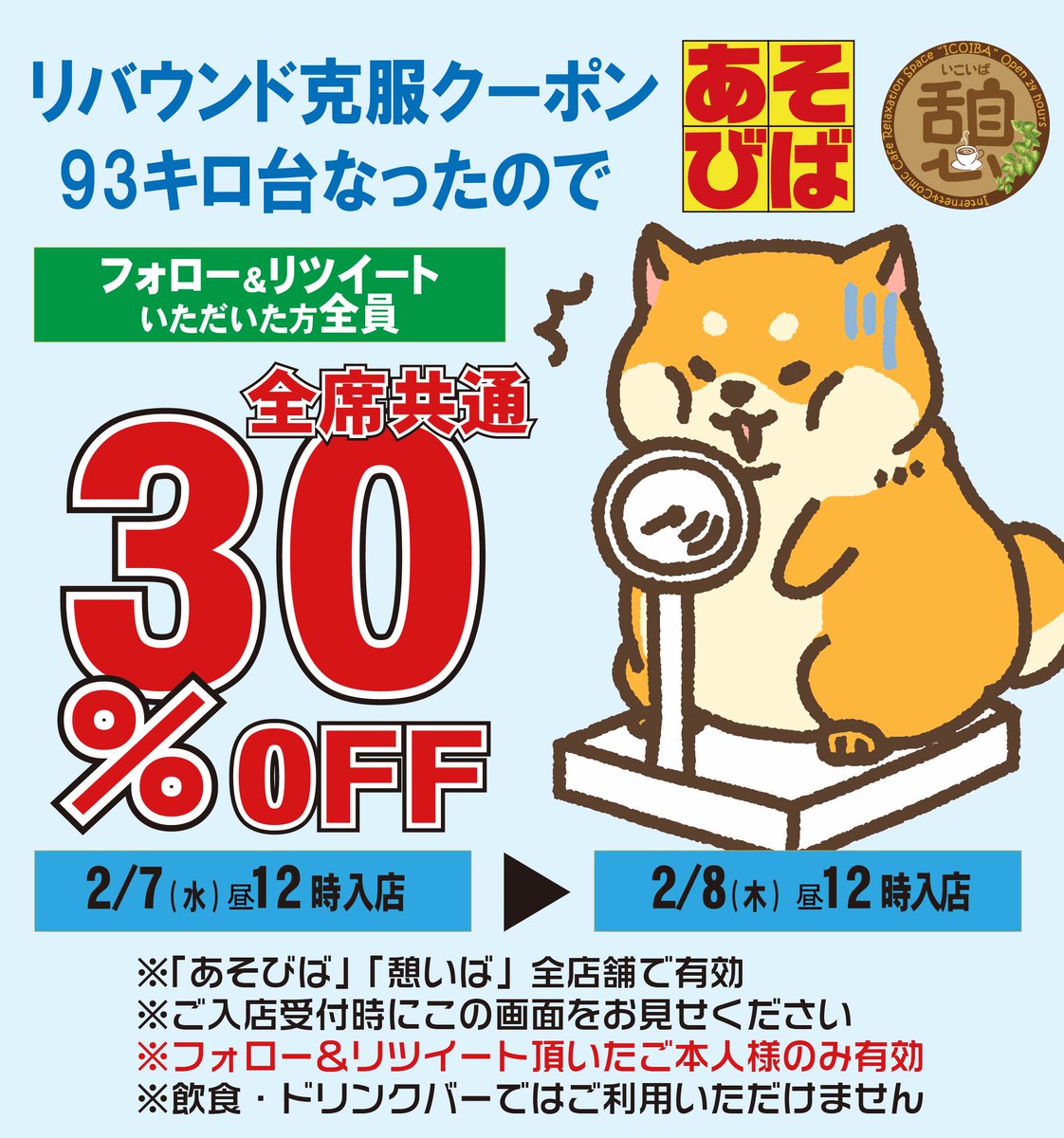 asoviva_icoiba's tweet photo. 93キロ台なりましたので、 2/7(水)12時～2/8(木)12時のご入店で30％OFF！ 「あそびば」「憩いば」全店舗でご利用いただけます。 フォロー＆リツイート頂いた方全員ご利用いただけます。
 #あそびばクーポン https://t.co/iPMbvJlmy0