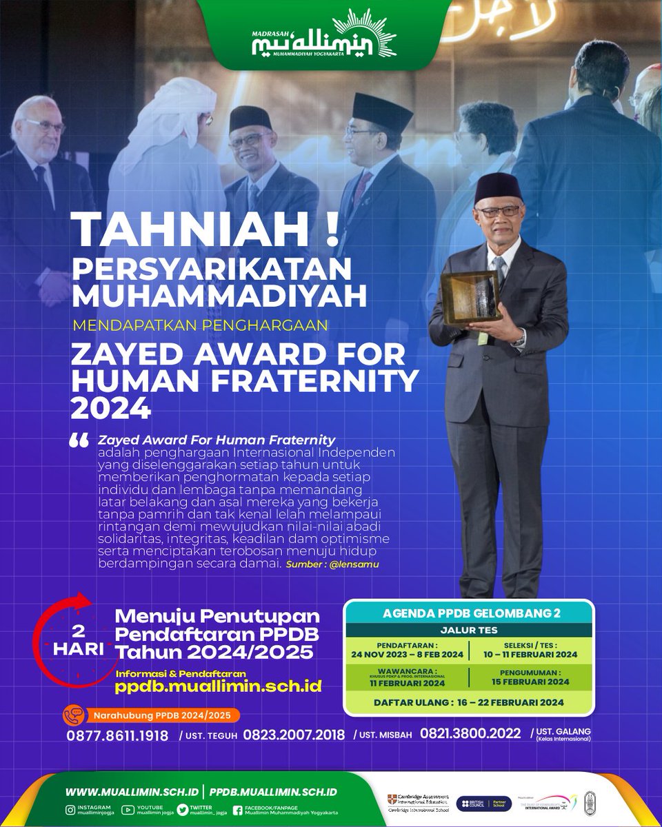 Tahniah !
Persyarikatan Muhammadiyah atas penghargaan Zayed Award for Human Fraternity 2024