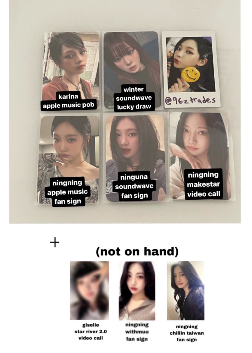 96zjen's tweet photo. wts left over drama go pc
want to sell photocard 

-karina apple music pob $10
-winter soundwave lucky draw  $14
-ningning applemusic fan sign $13
-ning makestar video call $13
-ning soundwave $13
-giselle star river 2.0 $12.20
-ning withmuu $11.70  
-ning chillin $16.70 https://t.co/NmSkXl3VNw