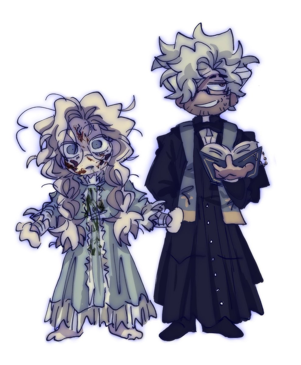 hankatun0921's tweet photo. repost from 2022 since i suddenly got reminded of these... halloween art I drew for EC &amp; CF &amp; EH with the characters dressed as media (mostly horror) the game was partially inspired by!

#eloquentcountenance #coldfrontgame #elevatorhitch https://t.co/e6UegTzyel