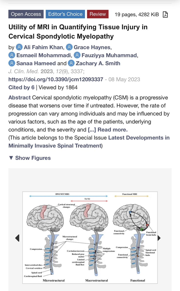 Great to see post doc Ali Khan receive editor choice recognition for his article on cervical myelopathy. Exceptional job Ali and to other members of our team! @FauziyyaMuham18 @graciehaynes32 @HakeemShakirMD