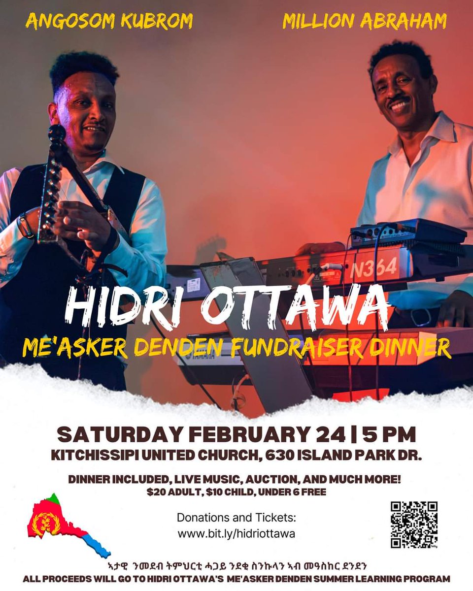 YPFDJToronto's tweet photo. "Hidri Ottawa is happy to announce that we’ve secured the talented Angosom Kubrom and Million Abraham to perform at this year’s Benefit Dinner! 

We’re excited for a night full of live music, good food, and highlighting the Me’Asker Denden project!

B’selam mtsu 🇪🇷"
#Eritrea https://t.co/3BKN39JBQM