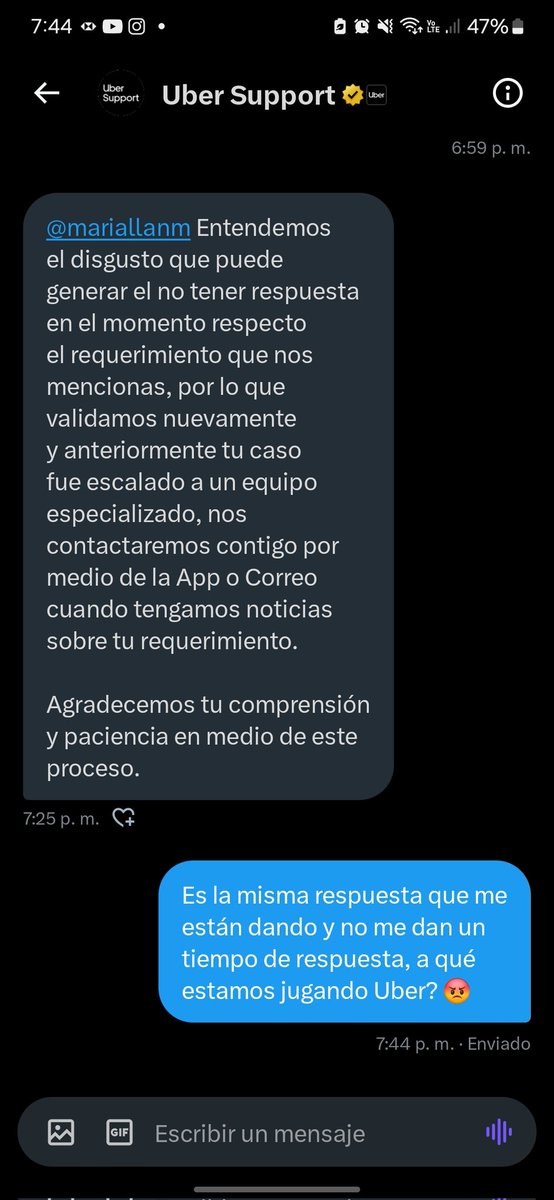 mariallanm's tweet photo. @Uber_MEX La misma respuesta de siempre, neta no tienen otra respuesta automática diferente?  Gente depende e confiar en @Uber_MEX y aunque te dicen que lo ven por DM solo es para darte la misma respuesta de siempre 🙄 https://t.co/aWwMKzQlft