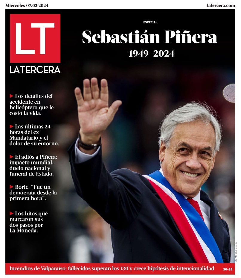 Portada de 🗞️ <a href="/latercera/">La Tercera</a>. Un abrazo a todos quienes compartieron y trabajaron con el Presidente <a href="/sebastianpinera/">Sebastian Piñera</a> 🇨🇱