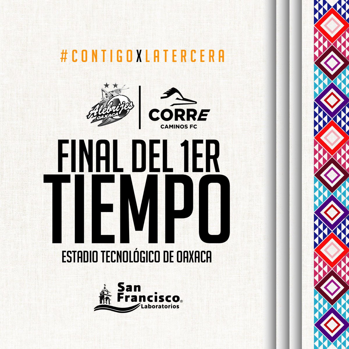AlebrijesOaxaca's tweet photo. #ALEvsCORR 1T🕣
48'| Termina la primera mitad del encuentro 🆚 @CFCorrecaminos
Con marcador 1-0 a favor de nuestros Alebrijes.
#ContigoXLaTercera⭐️
#AlebrijesEsOaxaca💚🖤🧡 https://t.co/eeXOyYCUGW