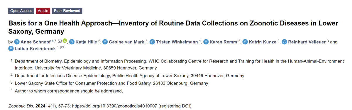 🥳New publication: Basis for a One Health Approach—Inventory of Routine Data Collections on Zoonotic Diseases in Lower Saxony, Germany mdpi.com/2813-0227/4/1/…