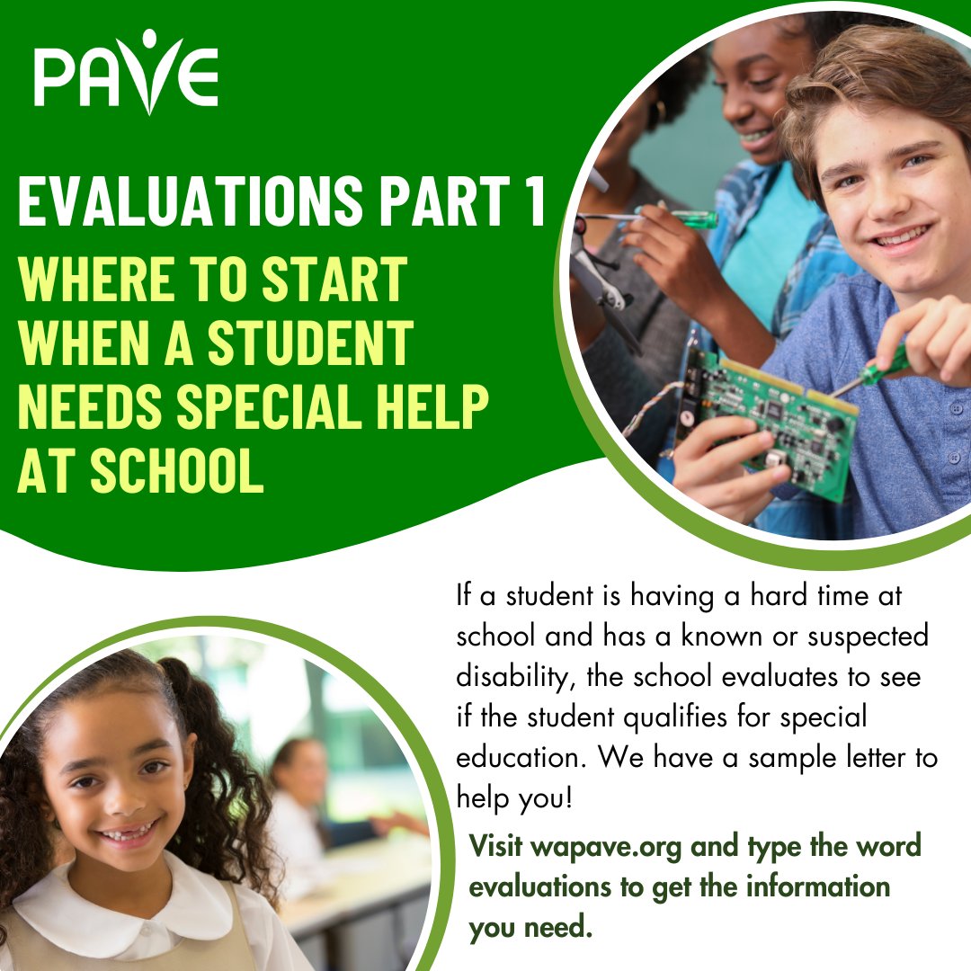 We have a sample letter to help you with evaluations at school!
#504 #behavior #BIP #ChildFind #evaluation #familySupport #FAPE #FBA #IDEA #IEE #IEP #learning #School #SDI #Section504 #SEL #specialEducation #speciallyDesignedInstruction #WhereToStart

wapave.org/evaluations-pa…