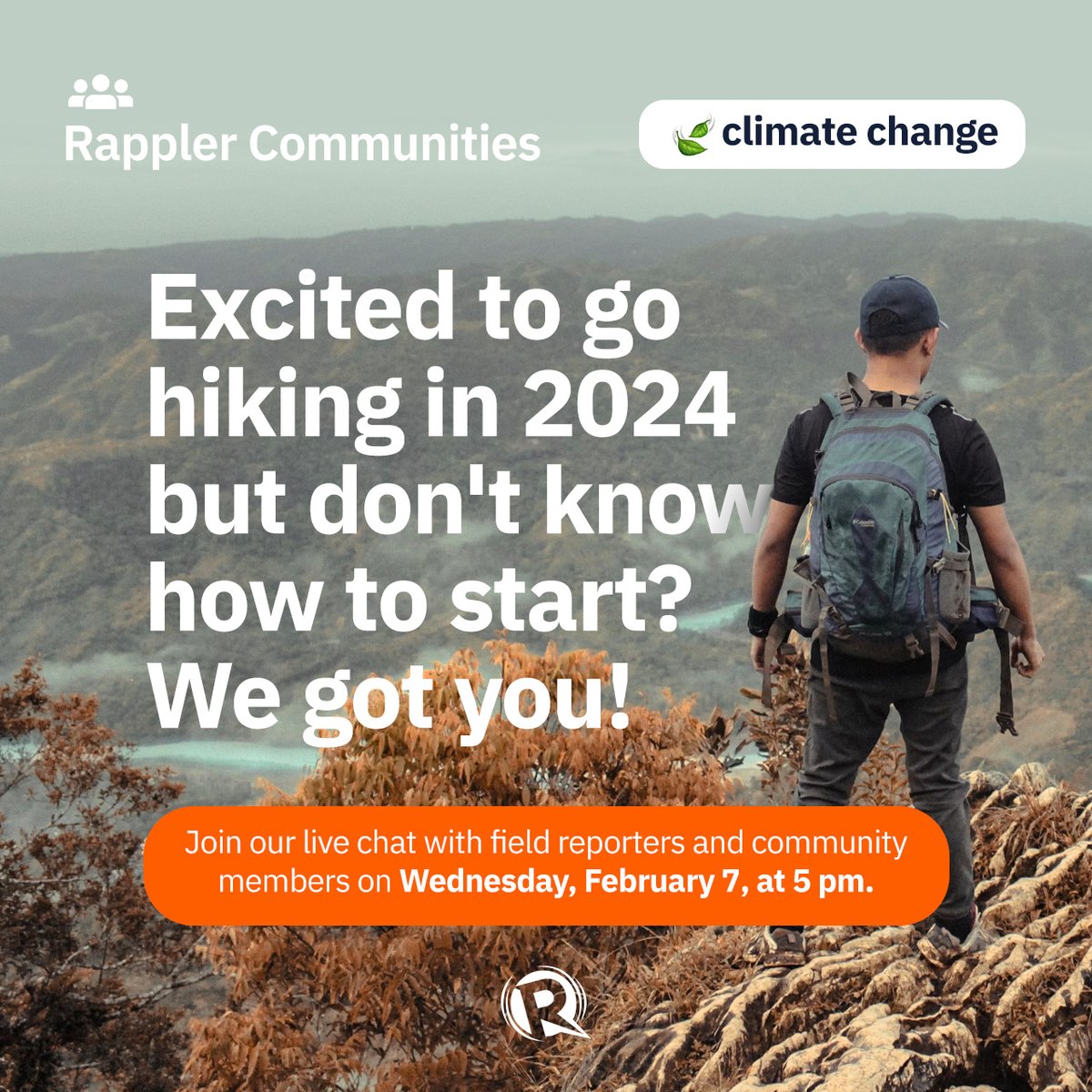 rapplerdotcom's tweet photo. Want to start hiking in 2024? Join the live discussion about the things you should know before going on your first mountain hike, on Wednesday, February 7, at 5 pm. #PHmountains #Hiking

Share your thoughts and questions in Rappler’s 🍃climate change chat room: https://t.co/FWQn0RLFbV