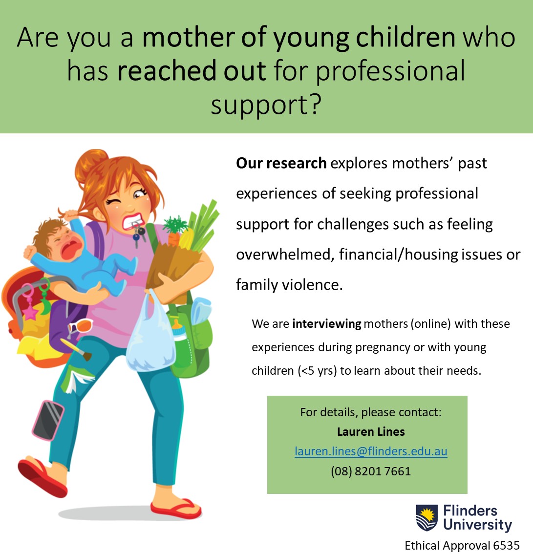 Rachel Milte (@rachel_milte) on Twitter photo Are you a #mother of young #kids? Have you tried to get support (e.g. for feeling overwhelmed, or finance/housing)? <a href="/FlindersCFI/">Flinders Caring Futures Institute</a> researcher Lauren Lines is interested in hearing about your experences. Are you a #mother of young #kids? Have you tried to get support (e.g. for feeling overwhelmed, or finance/housing)? <a href="/FlindersCFI/">Flinders Caring Futures Institute</a> researcher Lauren Lines is interested in hearing about your experences.