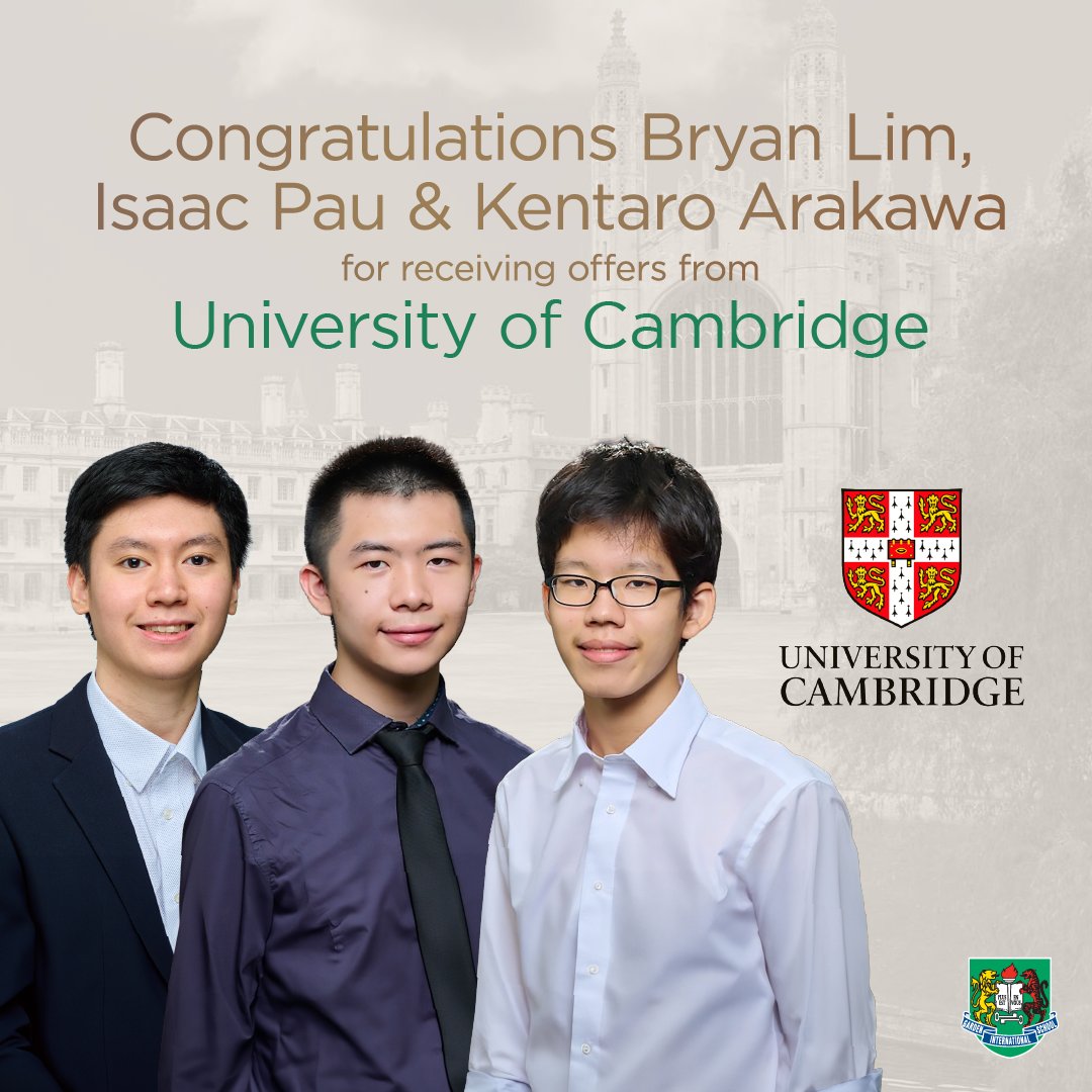 Off to Cambridge, we go! 🎉

A round of applause to our #GISMalaysia Year 13 students, Bryan Lim, Isaac Pau and Kentaro Arakawa, for scoring an acceptance at #Cambridge! 🎓

#WeAreGIS #GISLearning #university #UniversityPlacements #TertiaryEducation #internationalschoolmalaysia