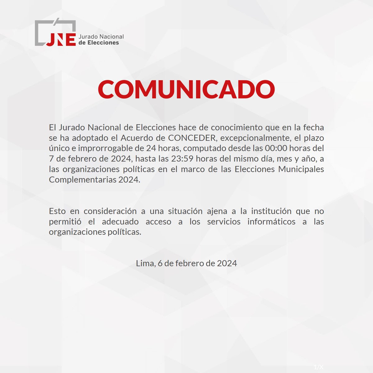 JNE_Peru's tweet photo. Comunicado del JNE https://t.co/PMIfwhHjMq