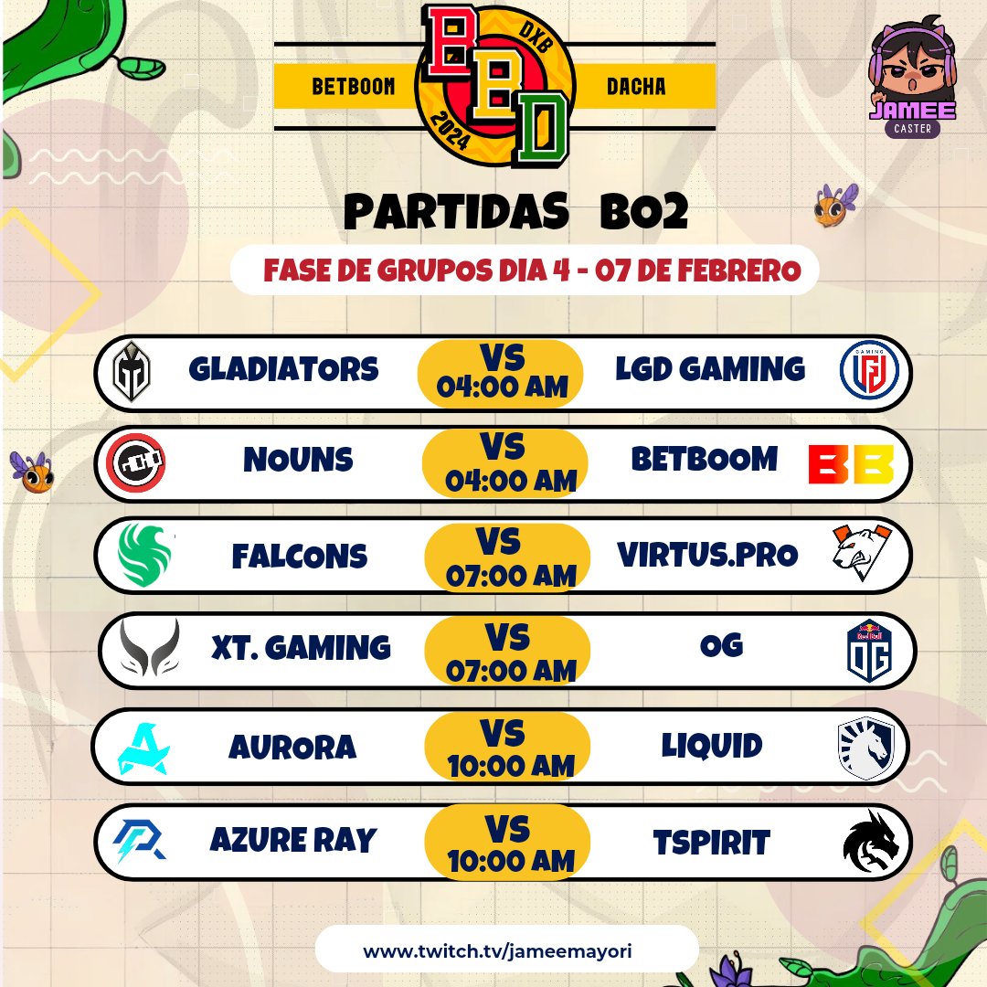 BetBoom Dacha Dubai 2024 !

Horario 07 de Febrero
Les dejo el horario del Día 4 de la fase de grupos en la  BetBoom Dacha a partir de las 4:00 de la mañana

Los espero en mi canal de Twitch a las 7 de la mañana  y por aquí también 
Gracias besos 😘

#dota2 #betboom
