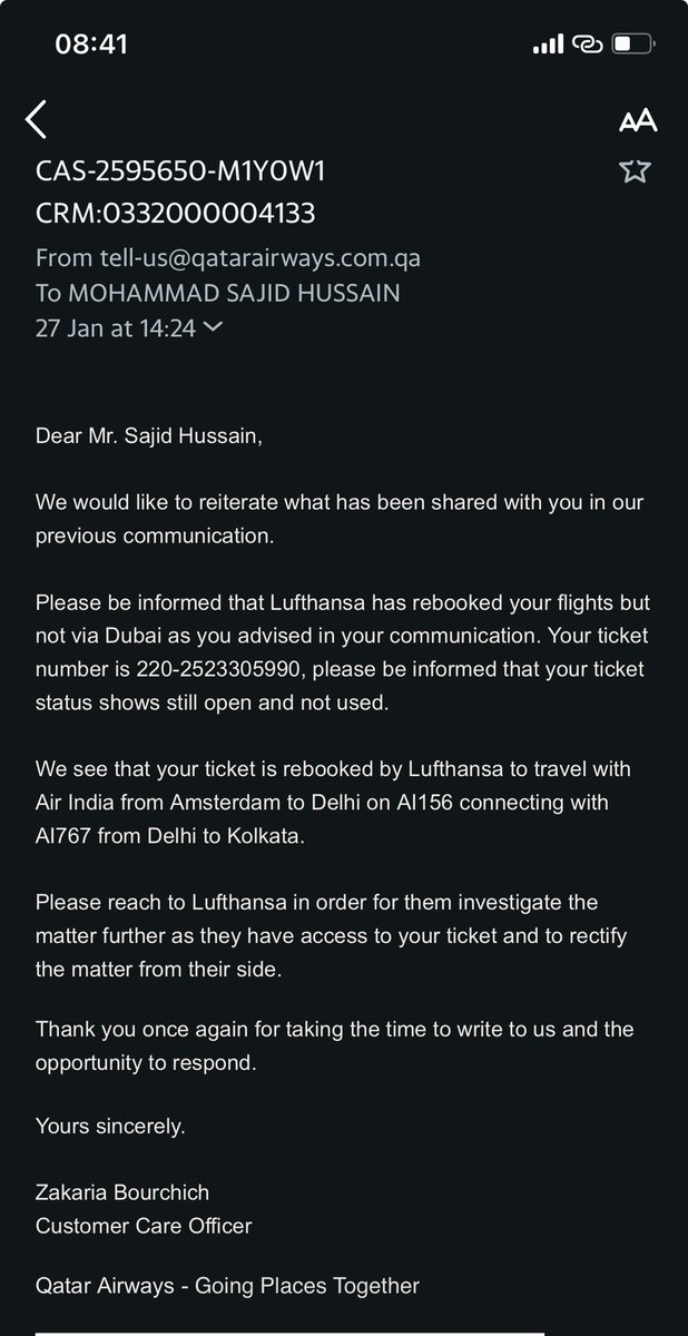 Sajid (@sajid_rvd) on Twitter photo Hey team <a href="/lufthansa/">Lufthansa</a> <a href="/qatarairways/">Qatar Airways</a> <a href="/qrsupport/">Qatar Airways Support</a>,
It seems the airline is running away frm taking the responsibility to issue me a ticket which is still unused due to flight cancellation. Below are responses from QA and Lufthansa. Now tell me who is responsible to issue my ticket Hey team <a href="/lufthansa/">Lufthansa</a> <a href="/qatarairways/">Qatar Airways</a> <a href="/qrsupport/">Qatar Airways Support</a>,
It seems the airline is running away frm taking the responsibility to issue me a ticket which is still unused due to flight cancellation. Below are responses from QA and Lufthansa. Now tell me who is responsible to issue my ticket