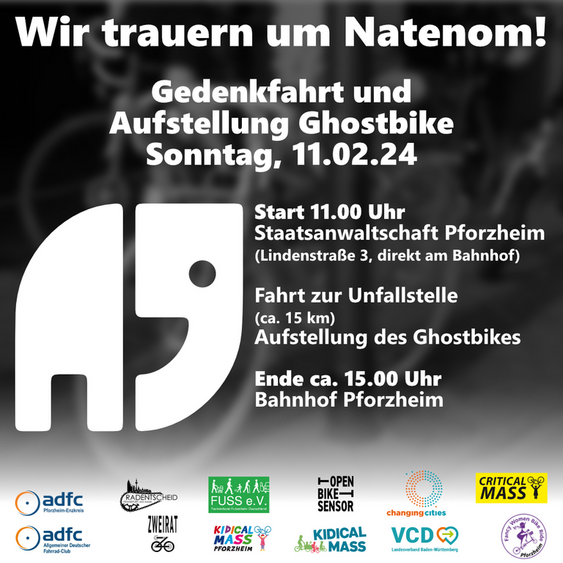 FahrradClub's tweet photo. In Gedenken an #Natenom rufen wir zu einer Fahrraddemo auf. Wir sind seitens unseres Bundesvorstands vor Ort: Gemeinsam stellen wir ein Ghostbike an der Unfallstelle in Pforzheim auf und fordern #VisionZero und gute, sichere Radwege in ganz Deutschland. https://t.co/juhE8D6uVk https://t.co/FdqwLTnLuX