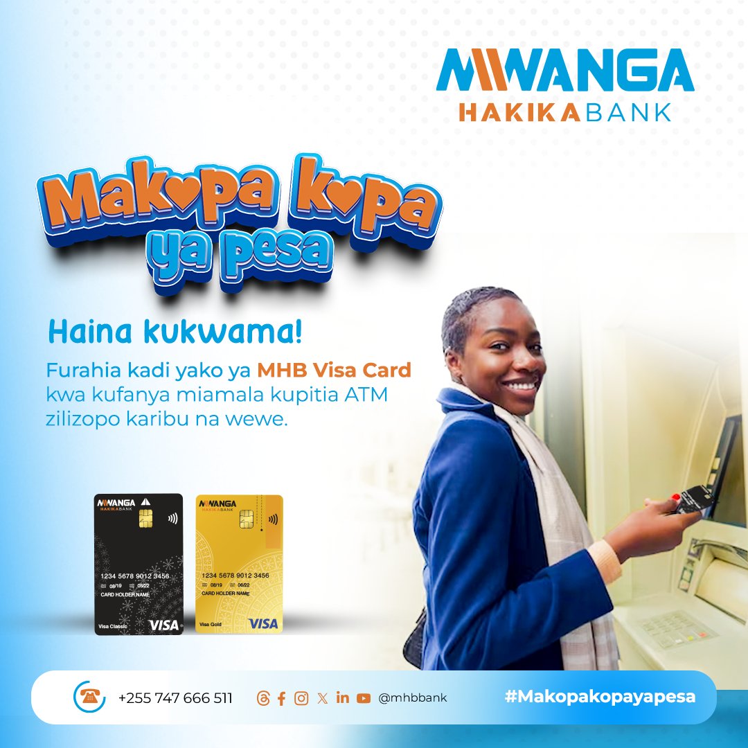 mhbbank's tweet photo. Haina Kukwama!
Furahia Msimu huu wa makopakopa kadi yako ya MHB Visa Card kwa kufanya miamala kupitia ATM zilizopo karibu na wewe
@mhbbank
#makopakopayapesa
#definingtomorrowtoday https://t.co/yE2hbFpBng