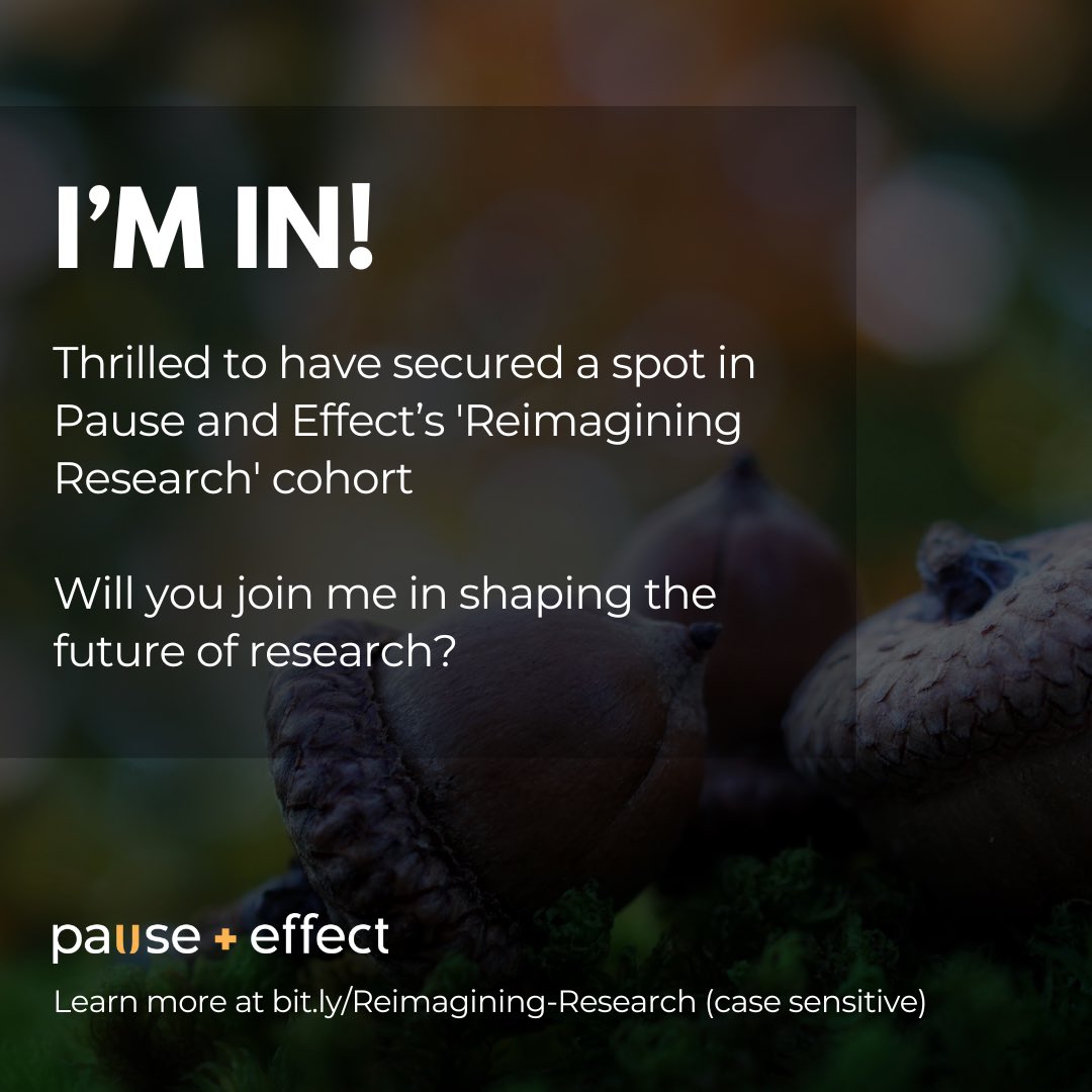Shaping the future of research 

Pause + Effect
Reimagine Research
5 weeks
Feb 22 - Mar 22, 2024
= Fridays 11am-1pm (AEST)

Join us
bit.ly/Reimagining-Re…

#ReimaginingResearch #EdChat #HigherEd #RelationalDesign #Decolonising #Futures #Care #Embodied #Humble #Community