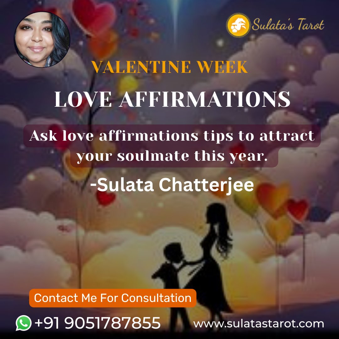 Valentine week : Ask love affirmations tips to attract your soulmate this year. 
sulatastarot.com

#LoveAffirmations #RoseDay #ValentineTips #SoulmateAttraction #Valentinesday  #ValentinesWeek #ManifestLove #AttractYourSoulmate #LoveJourney #RelationshipGoals