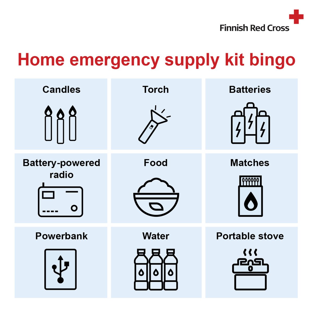 sprhup's tweet image. Can you get bingo? Home emergency means extra food, water and supplies that are stored at home 🥫💧
#homeemergency #bingo #FinnishRedCross #preparation