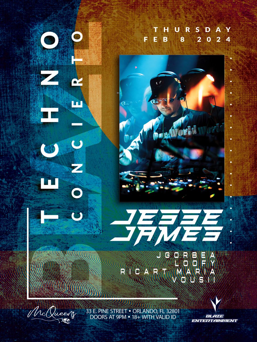 BlazeEntmt's tweet photo. THURSDAY 2.8.2024 Blaze Entertainment Techno Concierto at McQueens in Downtown Orlando with Jesse James, JGorbea, Loofy, Ricart Maria and Vousii, free with RSVP until 11pm, 🎟️ link in bio #Techno #EDM #Orlando #OrlandoNightLife #DanceMusic https://t.co/wKODkRfcvu
