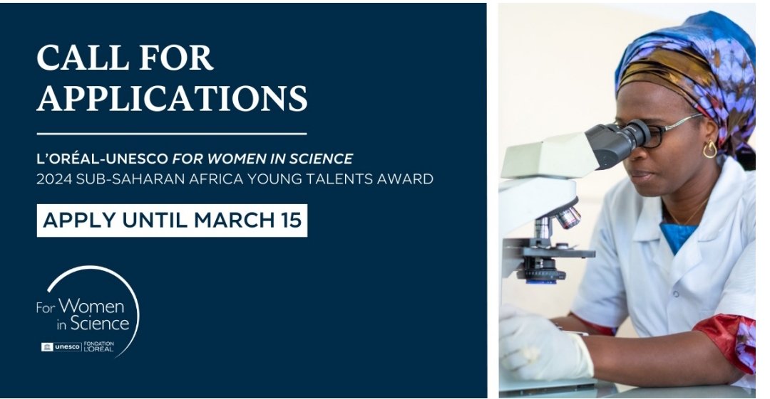 Applications for the 2024 @FondationLOreal-@UNESCO Sub-Saharan Africa 
Young Talents Award are open! 🀍
As a 20XX winner, I'm delighted to highlight this award, which recognizes and 
celebrates women scientists 
forwomeninscience.com/challenge/show…
@4womeninscience #FWIS2024