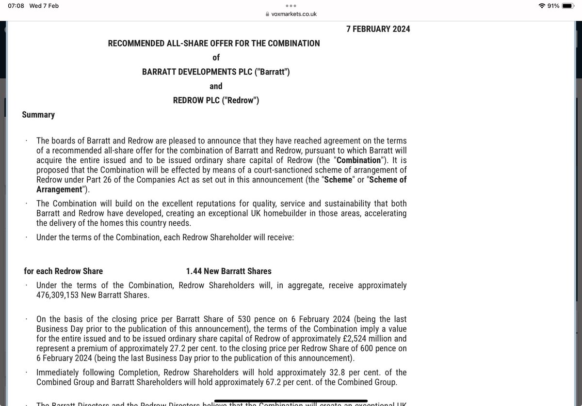 reb40's tweet image. #RDW #BDEV Redrow all share combination offer from Barratt

RDW shareholders to get 1.44 BDEV shares
Apparently a 27.2% premium 

Redrow family pledge their 16% shareholding

Let’s see if the market thinks this is a fair price 🤷🏻‍♀️