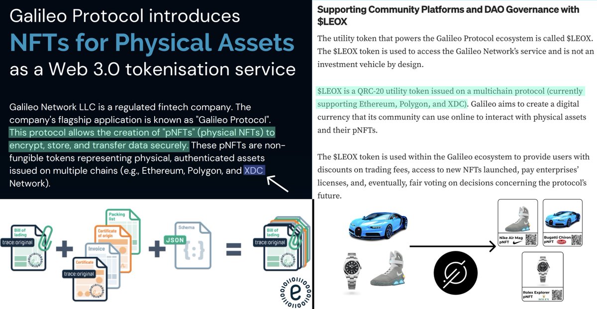 One of the DLTs Galileo chose for $LEOX & their pNFTs is $XDC thanks to $QNT Overledger integration.

Galileo's tokenizing pNFTs quite similar to XDC & MLETR

XDC- Paper trading tokenized
Galileo- Physical items/goods tokenized

Potential for multi-DLT digital docs as pNFTs?!👀