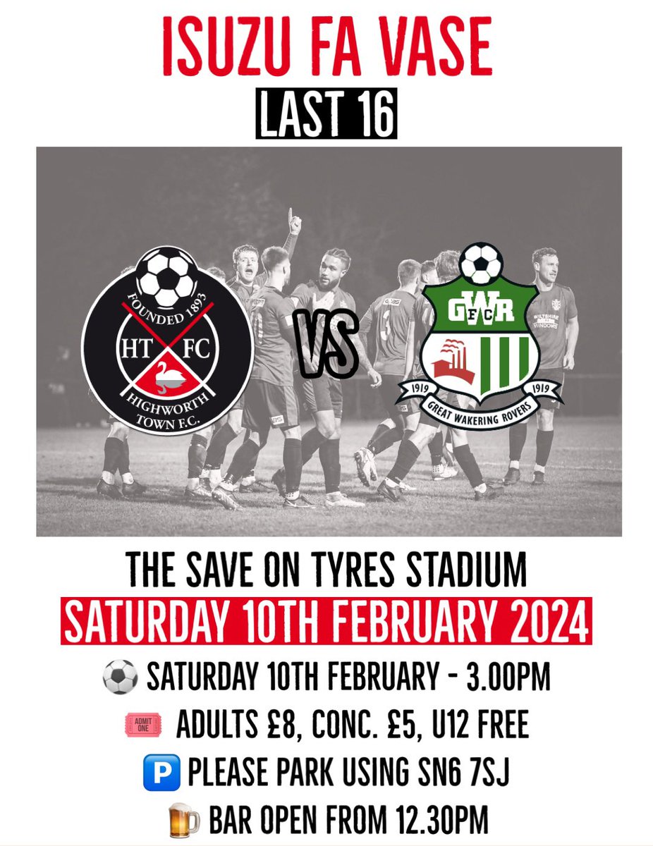 3 DAYS TO GO…

Next up is the big one, we welcome <a href="/GWRovers/">Gt Wakering Rovers</a> to The Save On Tyres Stadium in the 5th Round Proper (Last 16) of The #IsuzuFAVase 

We had great support in the last round so hope to see as many of you as possible!

#filltheelms 

🔴⚫️🔴⚫️

<a href="/swsportsnews/">South West Sports News</a>