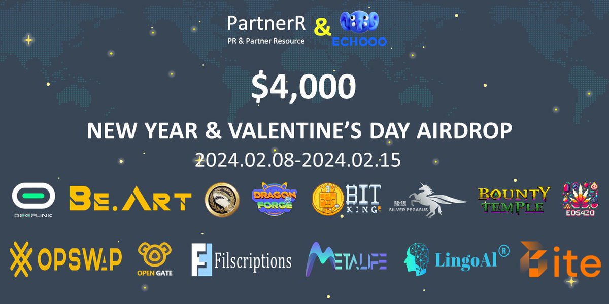 ROZOBanana's tweet photo. 🔥 Hot Announcement! 🔥

@PartnerRweb3 is teaming up with @echooo_wallet 
for a Special New Year and Valentine's Day Airdrop event! 😍✨

🚀$4000 rewards pool! 🏆💝
👑14 prominent projects @DeepLinkGlobal  @BeArtWeb3 @sadiorapp @DrgnForgeRealm @BitkingCMTY @SpbLabs @BountyTemple @Eos420 @opSwap_protocol @OpenGateNFT @filscriptions @MetaLifeSocial @LingoAI_io @BITEET_official

@taskonxyz: https://t.co/TuTmWZ0mxw

Don't miss out on this fantastic opportunity! 🌟 #AirdropCrypto  #GIVEAWAYS  #TaskOn #NewYear #valentinesday2024 #PartnerR #Echooo