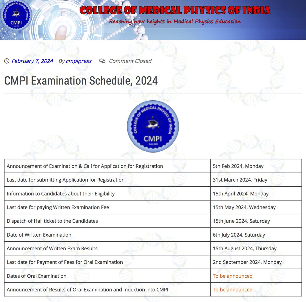 CMPI_HQ's tweet photo. CMPI invites applications for CMPI Medical Physics Certification Exam for the Academic Year, 2024.
For details about the Instructions for filling out the Online CMPI Exam Application please visit; 
https://t.co/6uEbWZiiHq

#medphy 
#certification #Exams https://t.co/QLrUvX6izk