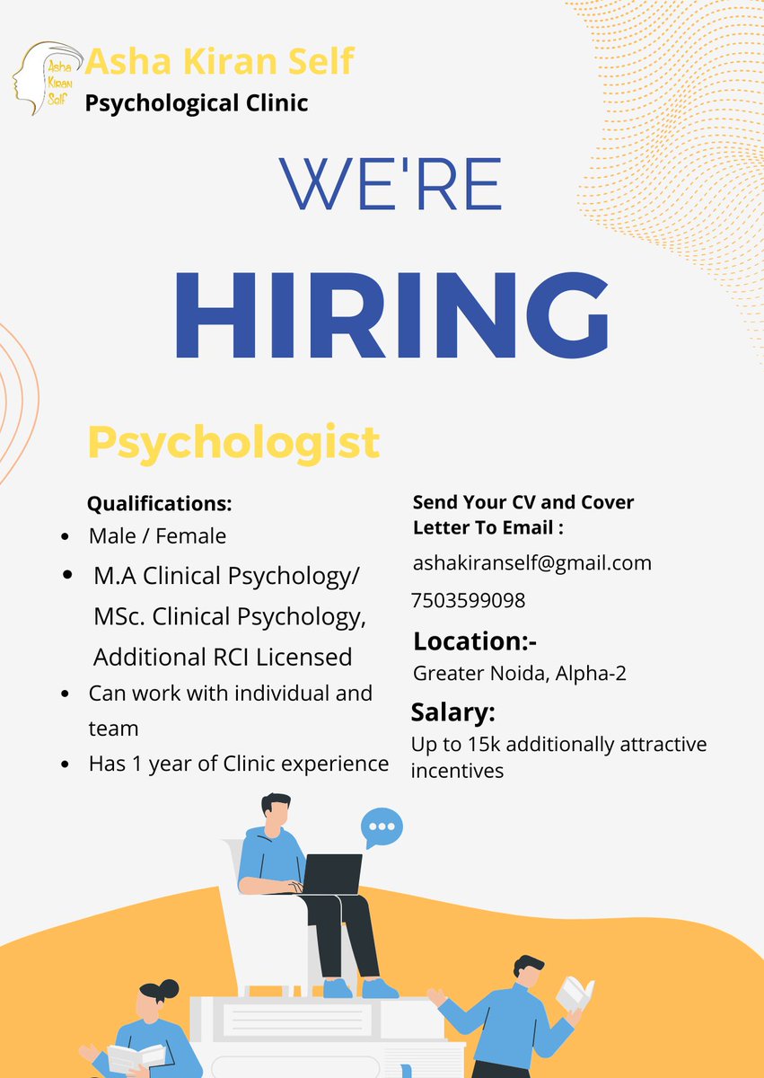 ashakiranself's tweet photo. To Know more visit https://t.co/6nDkypfJTb
#psychology #psychologist
#greaternoida
#clinicalpsychologist
#jobopportunity #vacancy #counseling https://t.co/DAH6cqBwqy