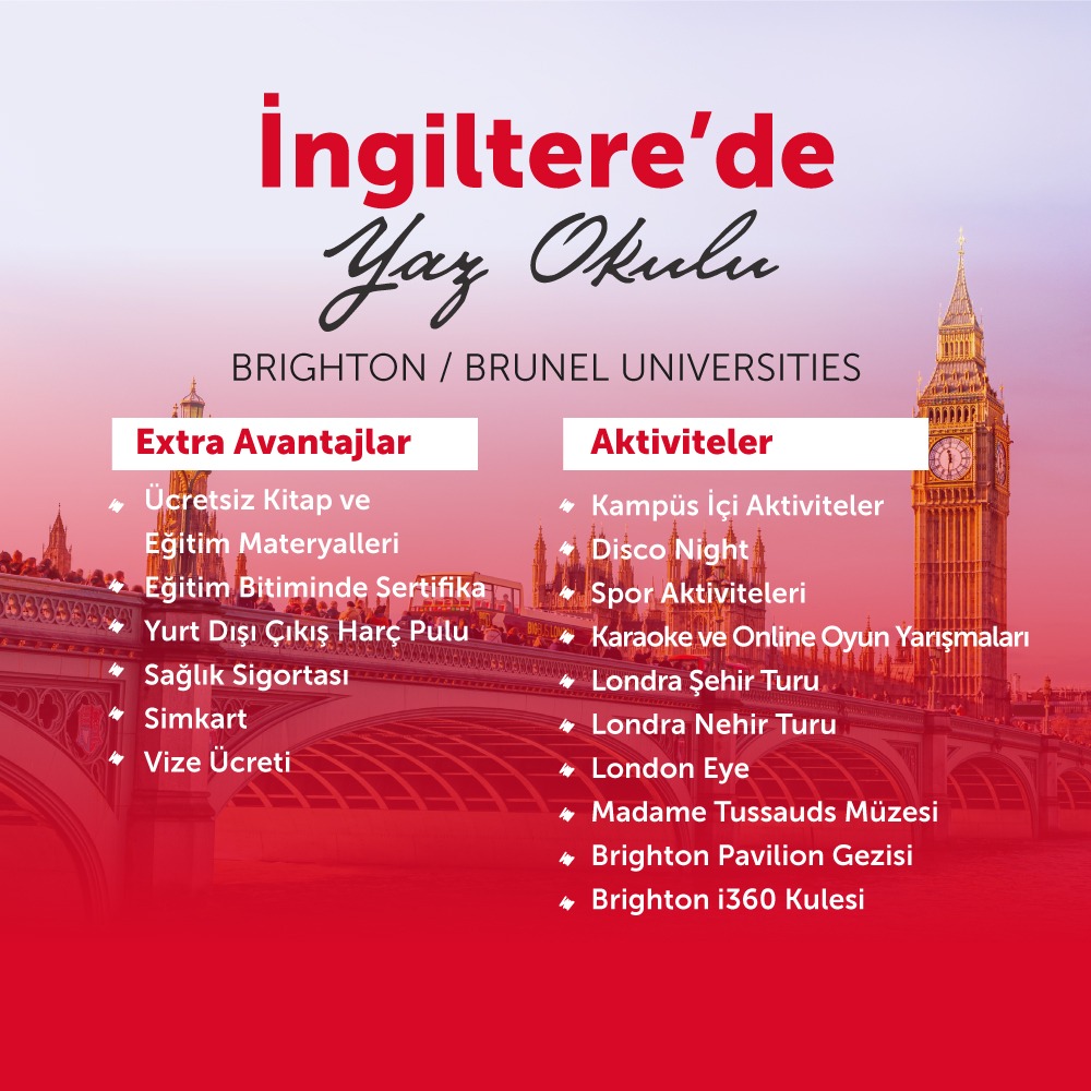 İngiltere Yaz Okulu Kayıtları Devam Ediyor!
Sen de bu muhteşem deneyime ortak olmak istiyorsan hemen başvur!

🗓️ 2-15 Temmuz 2024
📍Brighton Üniversitesi - Brunel Üniversitesi
⚠️Son Başvuru Tarihi: 1 Nisan

#İngiltere #BrightonUniversity #BrunelUniversity #YazOkulu