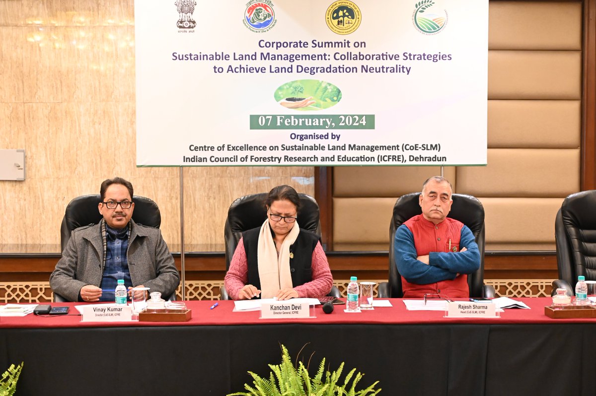 IcfreIndia's tweet photo. ICFRE, Dehradun, successfully organized corporate summit on “Sustainable land management: Collaborative strategies to achieve land degradation neutrality by 2030” on 07.02.24. Around 20 participants from 17 corporate sectors deliberated strategies to overcome land degradation. https://t.co/MK6mXYm7Ny