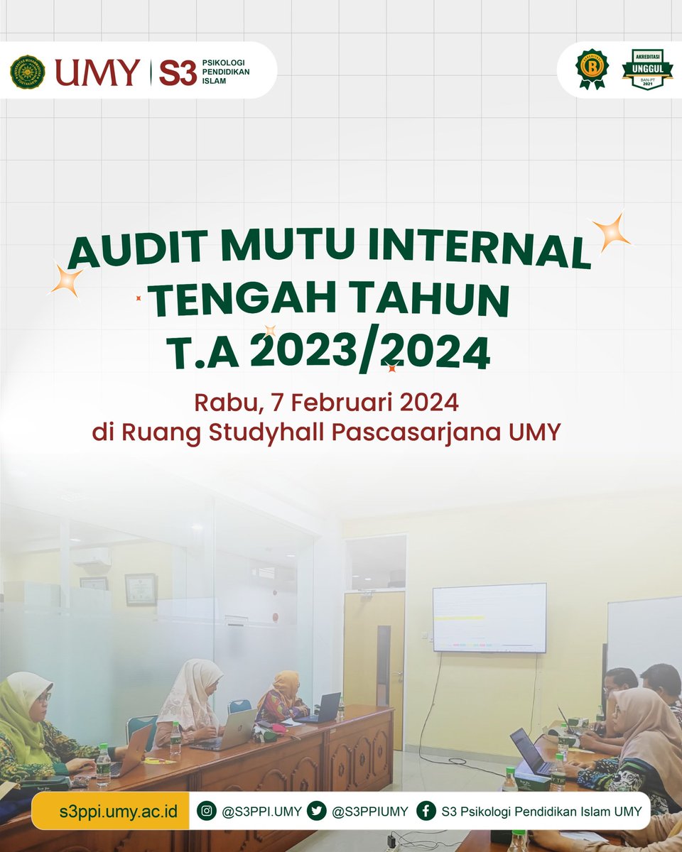 S3PPIUMY's tweet photo. Program Studi Doktor Psikologi Pendidikan Islam UMY berhasil melaksanakan Audit Mutu Internal (AMI) Tengah Tahun T.A. 2023/2024, Pada Rabu, 7 Februari 2024 di Ruang Studyhall Pascasarjana UMY

#umyyogya 
#PSDPPI
#mudamendunia 
#psikologi 
#psikologipendidikan 
#psychology https://t.co/OlB3xnu7xA