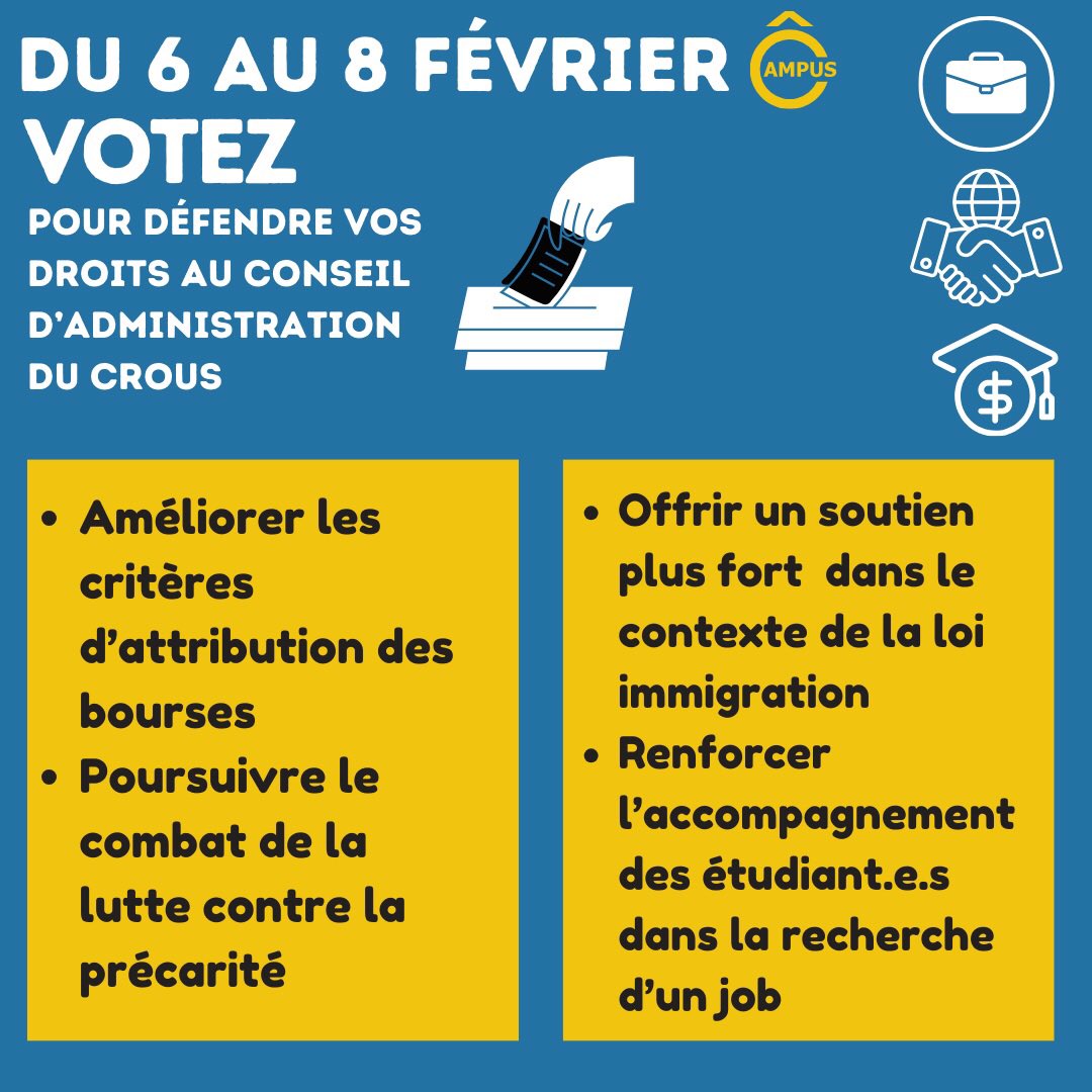➡️ Du 6 au 8 fevrier, JE VOTE pour élire le.a futur.e représentant.e conseil du CROUS 

Ci-dessous le profession de foie de la liste « ÔCampus et tes associations »

Vous pouvez y trouver certaines propositions sous différents thèmes.

Qu’attendez-vous pour voter ? 🤩
<a href="/CROUS_OT/">Crous d'Orléans-Tours</a>