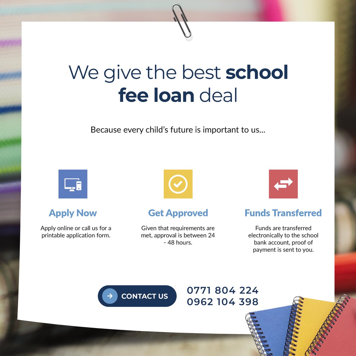 EdupayGroupLtd's tweet photo. Get loaned up in 3 easy steps. 

✔️ high approval rate ✔️flexible repayment terms ✔️ low interest rates

0771 804 224 or 0962 104 398

#edupay #caringfortomorrow #schoolfeesloan https://t.co/tHe3fhXGgI