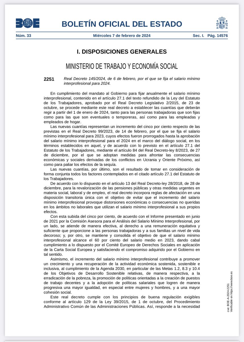 instrabajoyss's tweet photo. 🔵 #BOE 7.2.2024: #smi 

Real Decreto 145/2024, de 6 de febrero, por el que se fija el salario mínimo
interprofesional para 2024.

🔹1134 euros, 37,80 euros/día. 

🔹 Efectos: desde el 1 de enero 2024 

⬇️

https://t.co/yCJG742XsS https://t.co/Ih7f3Jd7re