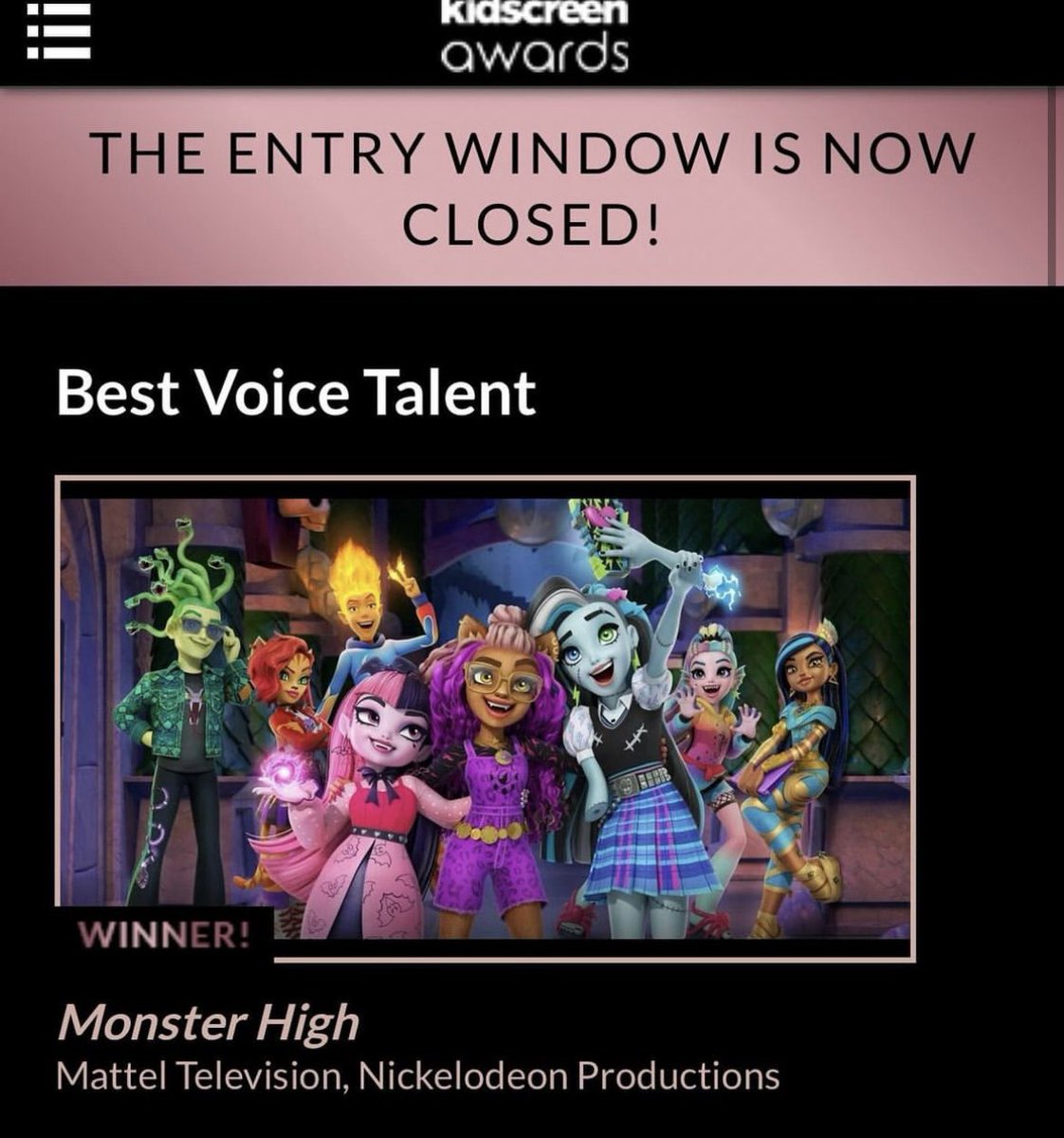 thecourtneylin's tweet image. So proud of @MonsterHigh winning BEST VOICE TALENT at the Kidscreen Awards!! #kidscreen #kidscreenawards