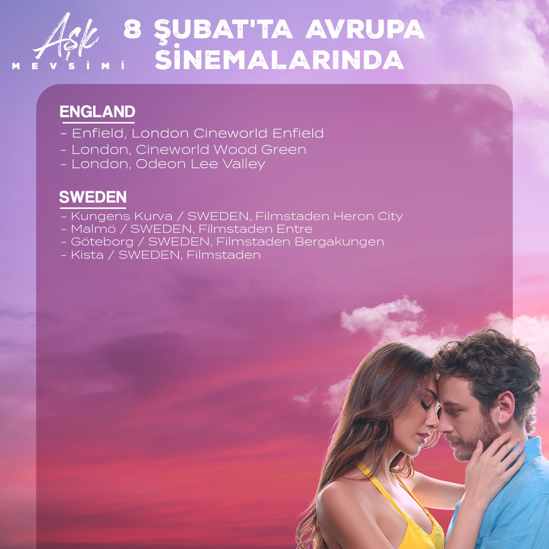 askmevsimifilm's tweet photo. Aşk Mevsimi 8 Şubat’ta Avrupa sinemalarında 💞

8 Şubat Perşembe günü Almanya, Avusturya, Belçika, Danimarka, Hollanda, İsviçre, İngiltere, Fransa’da vizyondayız.

#AşkMevsimi #dilançiçekdeniz #cemyiğitüzümoğlu #aşk #romantik @Sugarworkzfilm https://t.co/qUcG9mZkqB