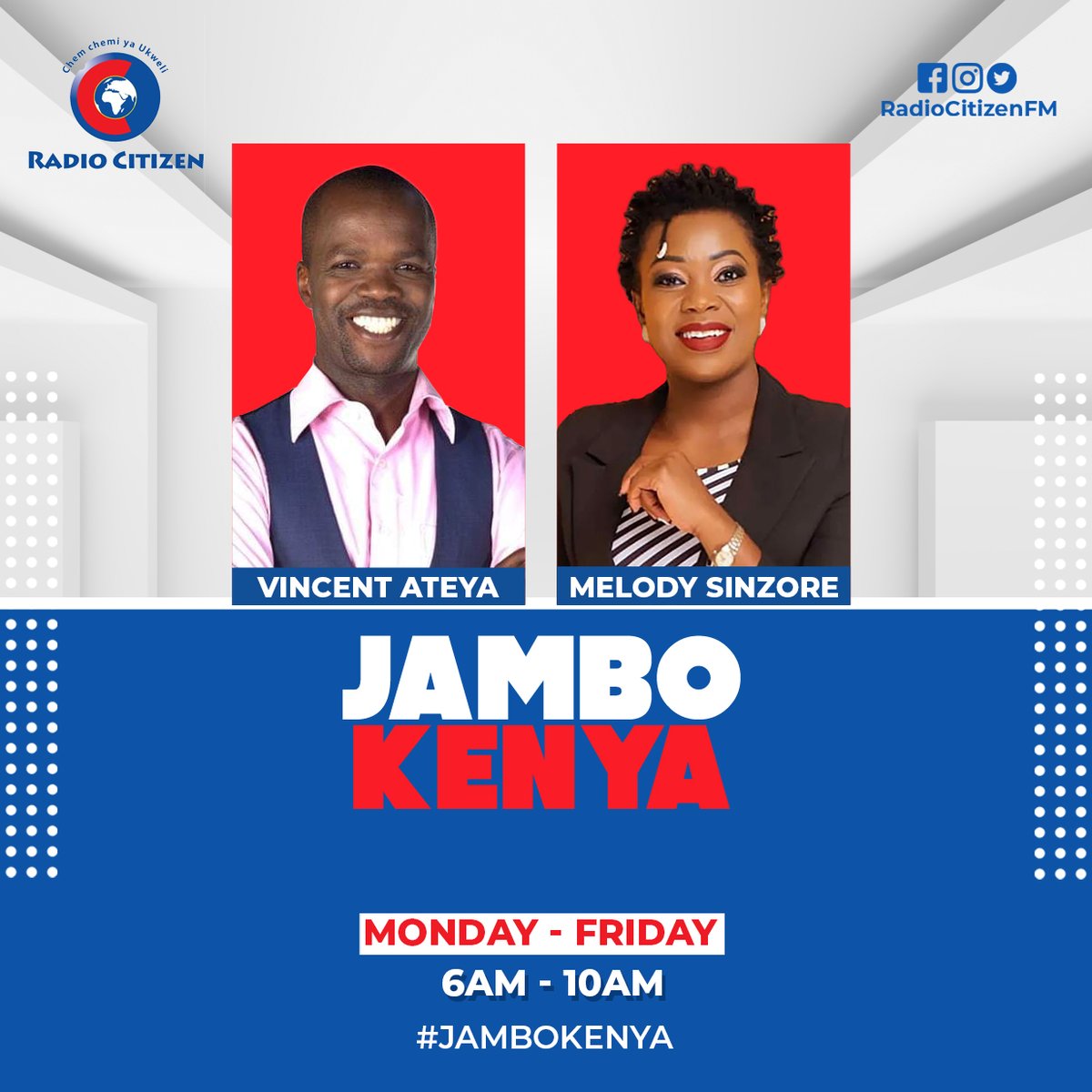 Radio Citizen (@radiocitizenfm) on Twitter photo Habari za asubuhi? Umeamkaje?
Karibu ndani ya #JamboKenya makala ya Jumatano. Unategea ukiwa wapi?
<a href="/MelodySinzore1/">MelodySinzore1</a> <a href="/VincentAteya/">Vincent Ateya</a> Habari za asubuhi? Umeamkaje?
Karibu ndani ya #JamboKenya makala ya Jumatano. Unategea ukiwa wapi?
<a href="/MelodySinzore1/">MelodySinzore1</a> <a href="/VincentAteya/">Vincent Ateya</a>