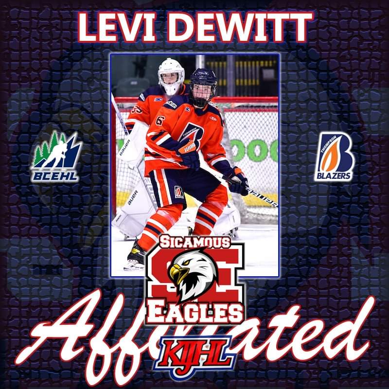 Sicamous_Eagles's tweet photo. The @Sicamous_Eagles would like to officially welcome Affiliate D, 08 Levi Dewitt from the @ThompsonBlazers U18 AAA team. Levi is home grown in Sicamous & joined us this past weekend picking up an assist. Welcome to the nest Levi and Let's Fly! #DevelopingYoungMen @KIJHL @KijhlS https://t.co/i0dQ9sxvcg