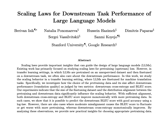 Scaling Laws for Downstream Task Performance of Large Language Models paper page: huggingface.co/papers/2402.04… Scaling laws provide important insights that can guide the design of large language models (LLMs). Existing work has primarily focused on studying scaling laws for…