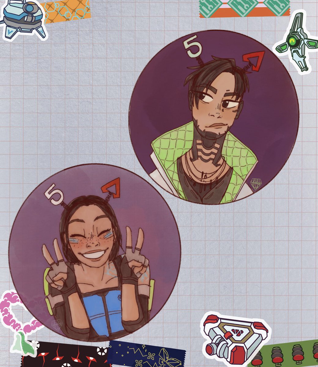 joolpod's tweet photo. happy (late) 5th anniversary apex!! 

heres my part of the zine <: conduit and crypto stickers! 
#Apex5thAnniversary #ApexLegendsFanart https://t.co/aO2e5xP6OD