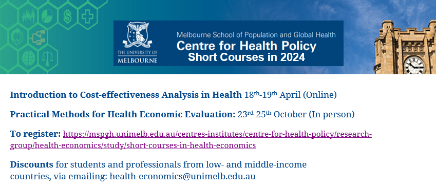 Melbourne Health Economics is excited to announce our short courses for April and October 2024 #healtheconomics #QALYs #ICERs @unimelbMSPGH @HealthPolicyUoM mspgh.unimelb.edu.au/centres-instit…