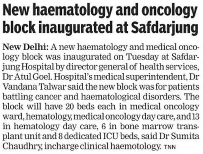 New haematology and oncology block inaugurated at Safdarjung Hospital.